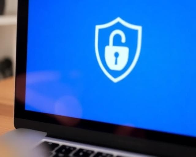 Laptop screen showing a security shield icon